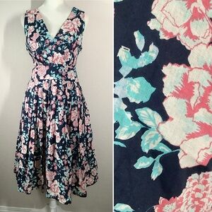 DIVA DOLLZ Fit & Flare Midi Dress Retro Pinup Rockabilly Boho Navy Pink Floral M